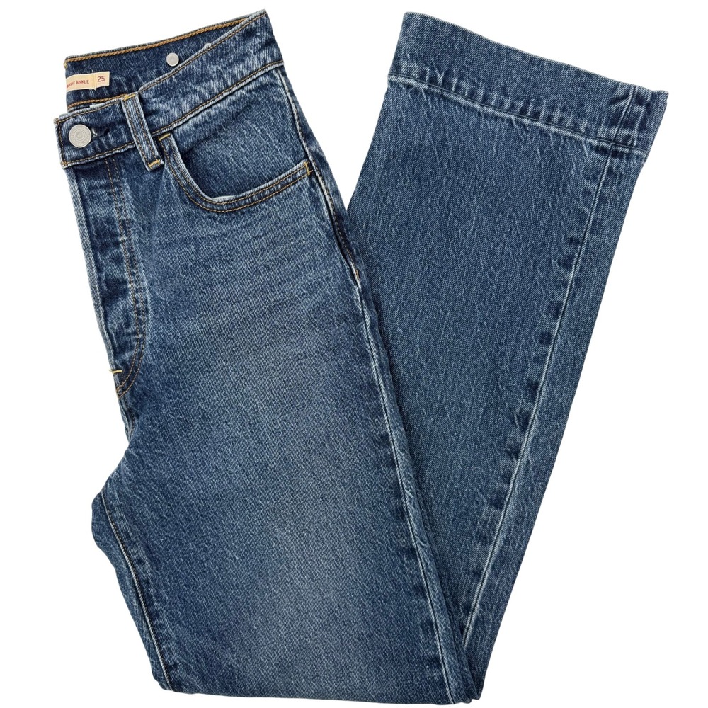 Levis Ribcage Straight Ankle Jeans 25 Medium Wash High Rise Blue Denim A8718